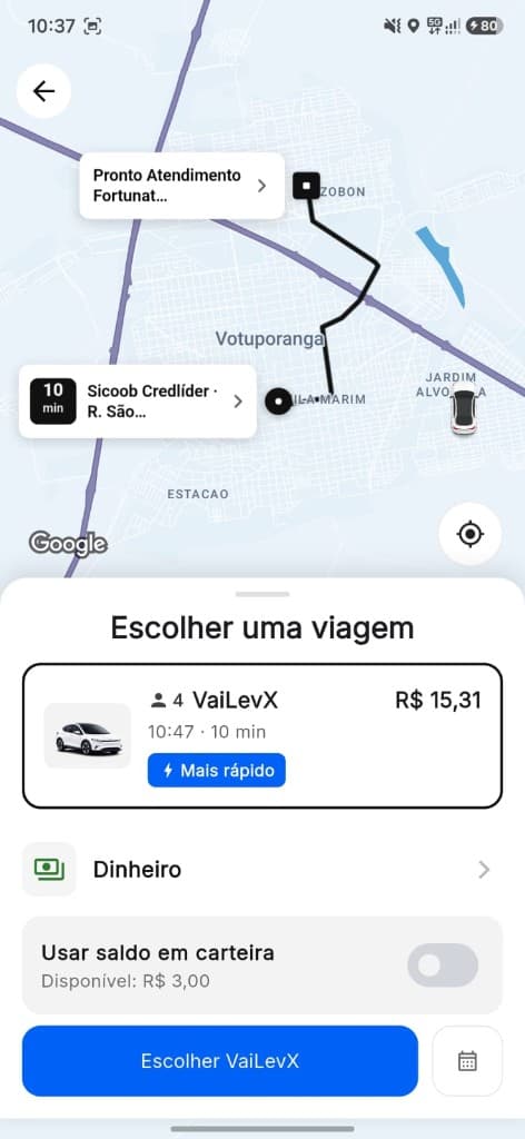 Tela do app VaiLev: Preço na tela