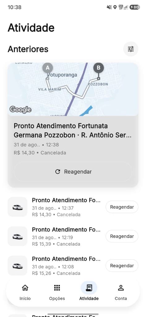 Tela do app VaiLev: Histórico