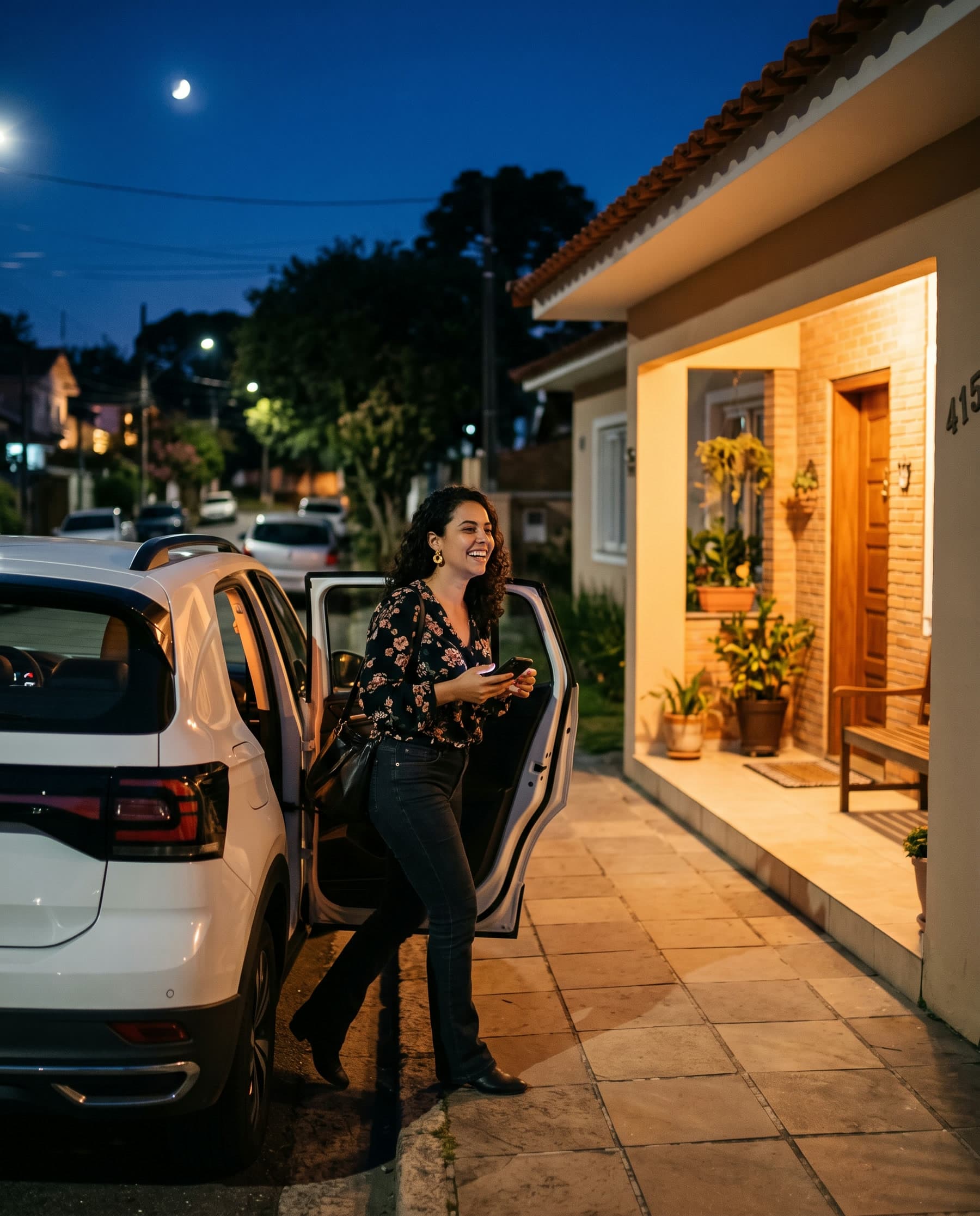 Passageira desembarcando em frente de casa à noite