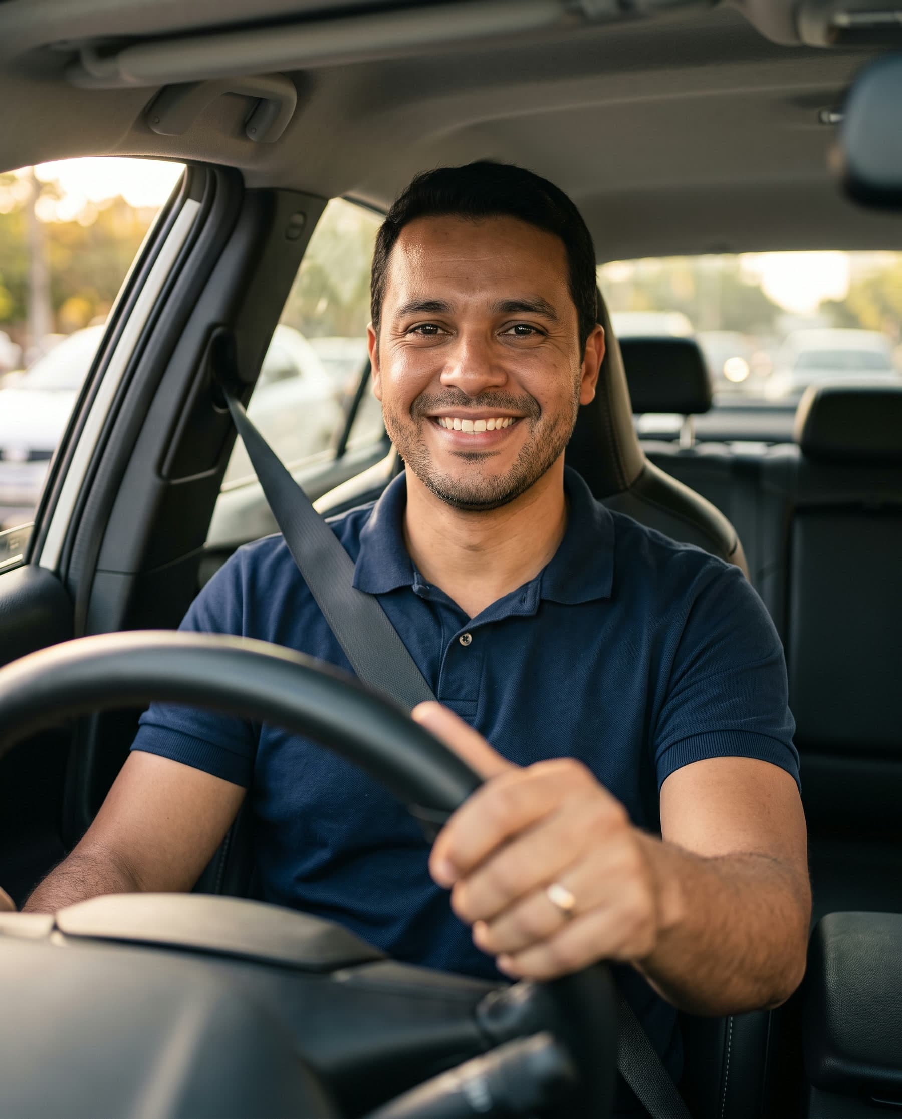 Motorista parceiro sorrindo ao volante