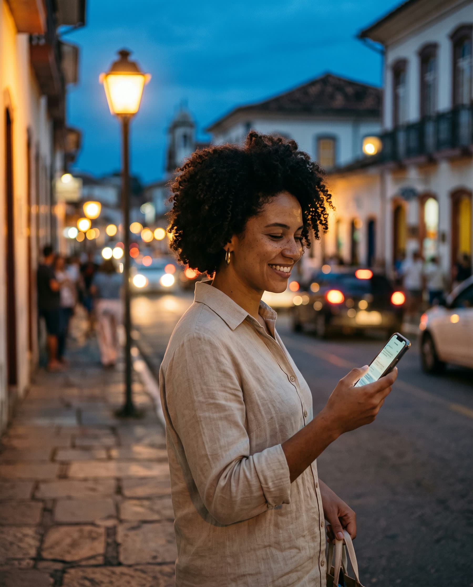 Passageira sorrindo enquanto confere a corrida no celular ao entardecer