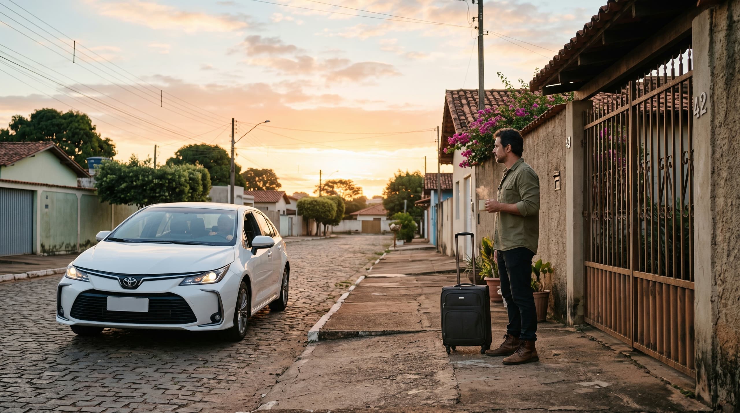 Passageiro com mala esperando no portão enquanto o carro chega ao amanhecer